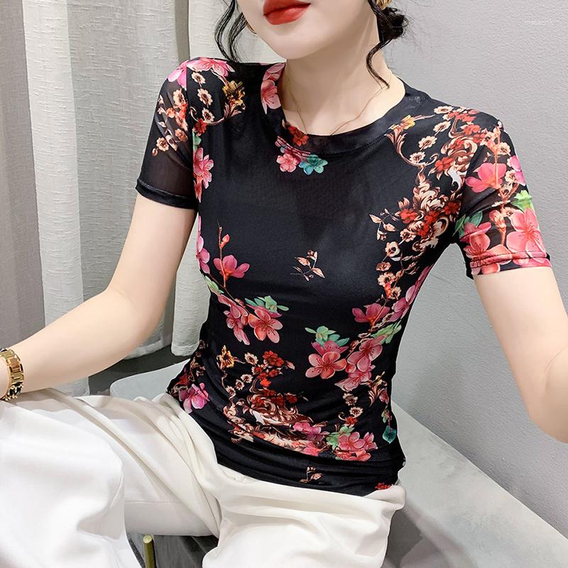 Women' T Shirts #6637 Summer Black Floral Printed Mesh Shirt Short Sleeve Vintage Tshirt Thin Elastic Womens Slim Office
Women' T Shirts #6637 Summer Black Floral Printed Mesh Shirt Short Sleeve Vintage Tshirt Thin Elastic Womens Slim Office