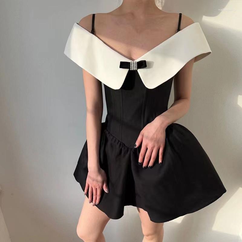 Casual Dresses Shoulder Bow Tie Waist Contrast Color Dress For Women's Summer 2023 Diamonds Bouffant