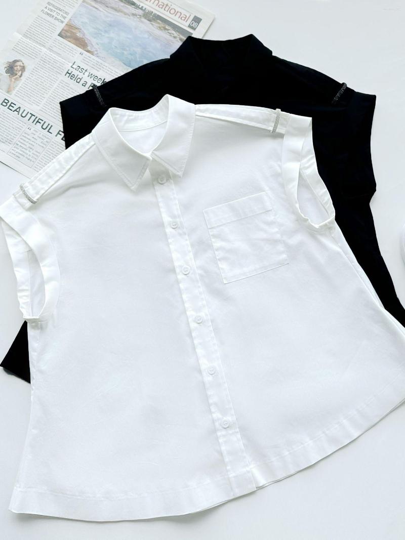 Women' Blouses 2023 Women Beaded Decoration Sleeveless Blouse Single Breasted Turn-Down Collar Causal Ladies 2 Colors Summer Shirt Tops, White 
Women' Blouses 2023 Women Beaded Decoration Sleeveless Blouse Single Breasted Turn-Down Collar Causal Ladies 2 Colors Summer Shirt Tops, White