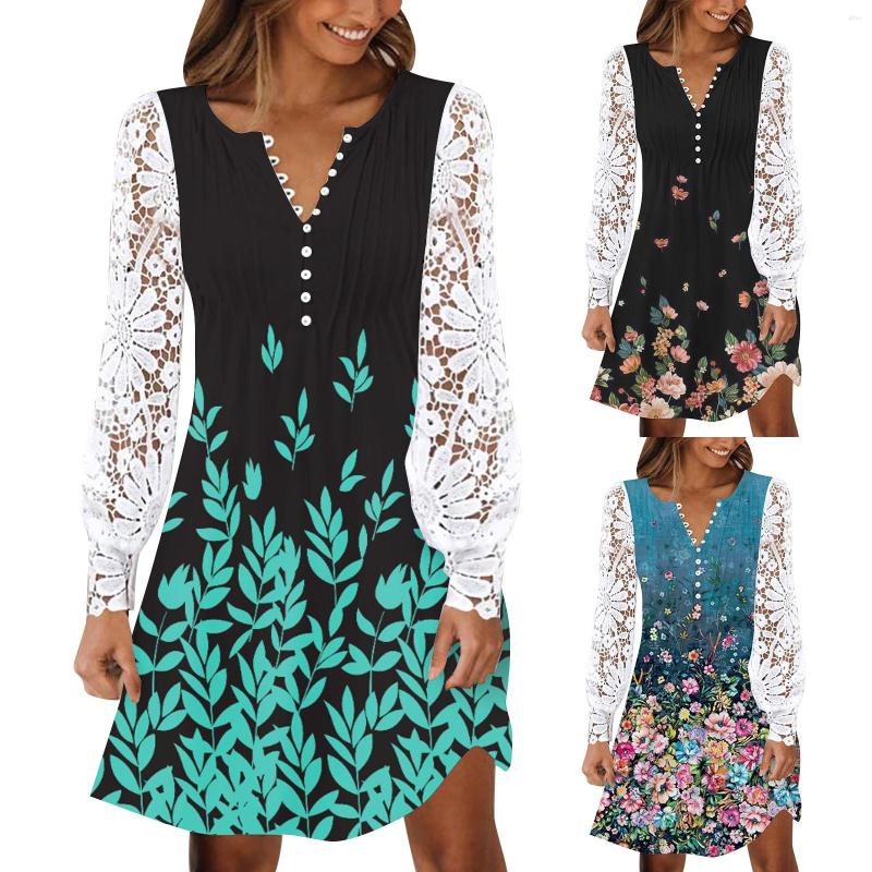 Casual Dresses Women Gradient Printing Crew Neck Button Pleated Lace Hollow Stitching Long Sleeve Mini Dress Juniors