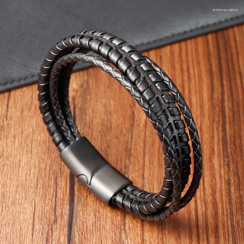 

Charm Bracelets Fashion Retro Multi-Layered Leather Cord Braided Jewelry Genuine Stainless Steel Men's Bracelet Lovers Gift