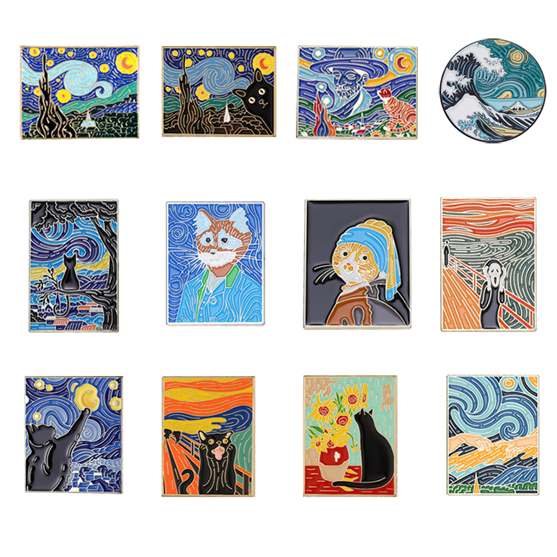 

Oil Painting Enamel Pin Brooch Black Cat Artist Van Gogh Art Starry Sky Wave Lapel Badges Jewelry Custom Backpack Accessories