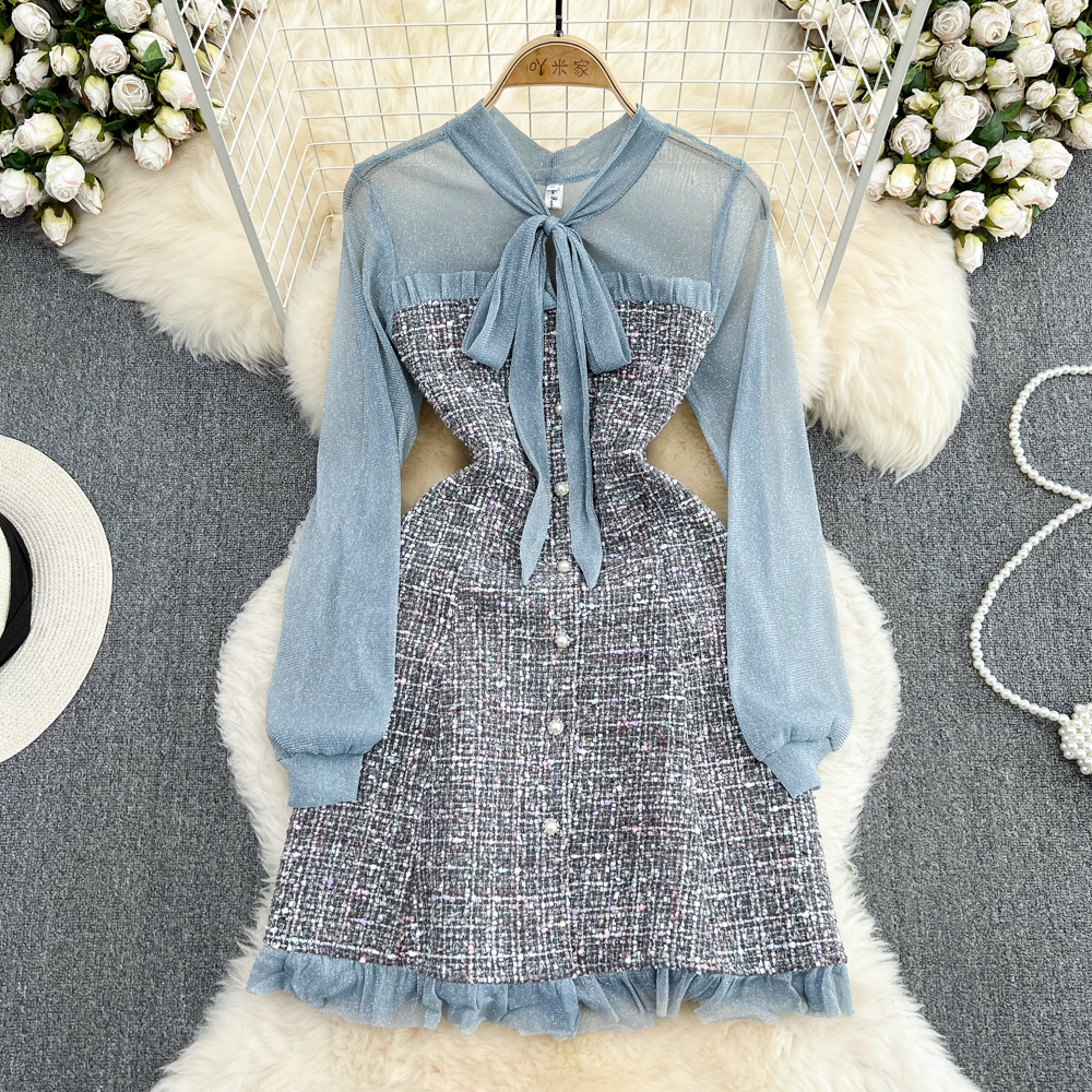 Lanjia- Casual Dresses Elegant Lady Small Fragrance Temperament Ribbon Bow Collar Soft Ruffle Patchwork Tweed Plaid Woolen Buttons Autumn Mini Dress 2