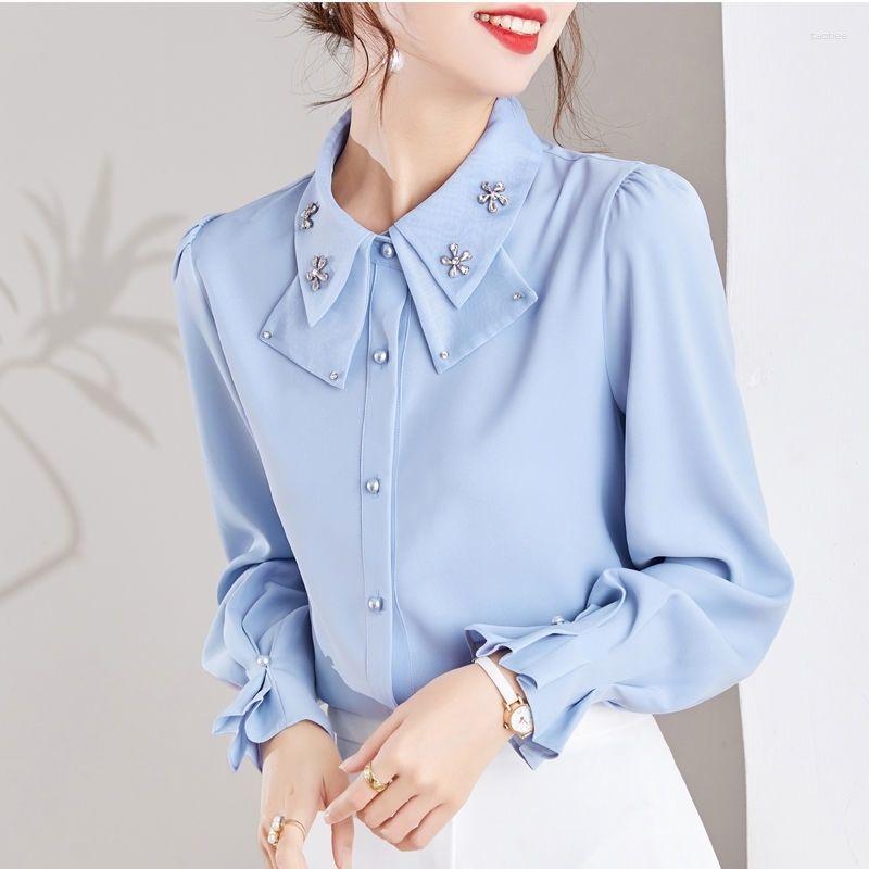 Women's Blouses Spring Autumn Fashion Diamonds Solid Color Turn-down Collar Long Sleeve Blouse Women Clothing Simplicity Buttons Loose Top, Blue
Women's Blouses Spring Autumn Fashion Diamonds Solid Color Turn-down Collar Long Sleeve Blouse Women Clothing Simplicity Buttons Loose Top, Blue