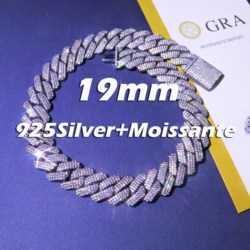 Custom Vvs Moissanite Diamond Iced Out 925 Sterling Silver Cuban Link Chain Pass Diamond Test 19mm Hip Hop Men Necklace