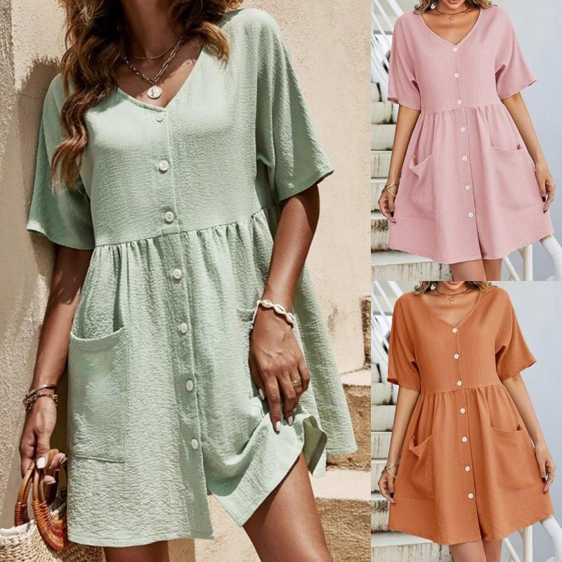 Casual Dresses Women Summer Solid Color V Neck Ruffle Short Sleeve Button Down A Line Mini Dress, Green
Casual Dresses Women Summer Solid Color V Neck Ruffle Short Sleeve Button Down A Line Mini Dress, Green