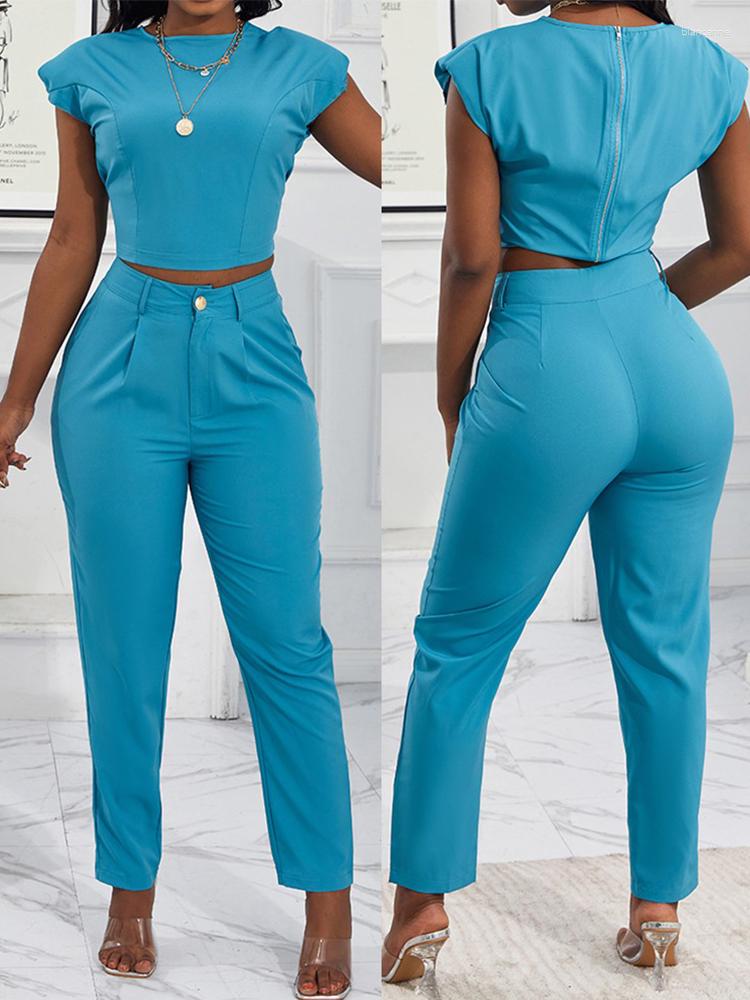 Women' Two Piece Pants Plain Crop Top & Pocket Design Set, Lzq4054
