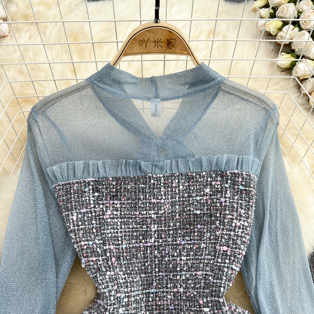 Lanjia- Casual Dresses Elegant Lady Small Fragrance Temperament Ribbon Bow Collar Soft Ruffle Patchwork Tweed Plaid Woolen Buttons Autumn Mini Dress 2