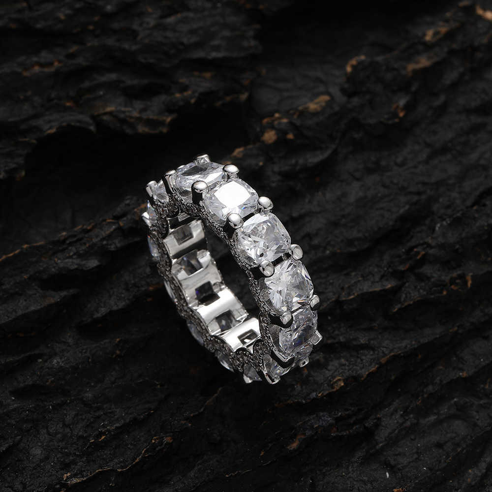 7mm Width Square Cubic Zirconia Ring Hip Hop Copper Prong Cz Stones Tennis Hip Hop Single Row Rings 18k Yellow Gold Iced Out Crystal Rapper Jewelry Ac