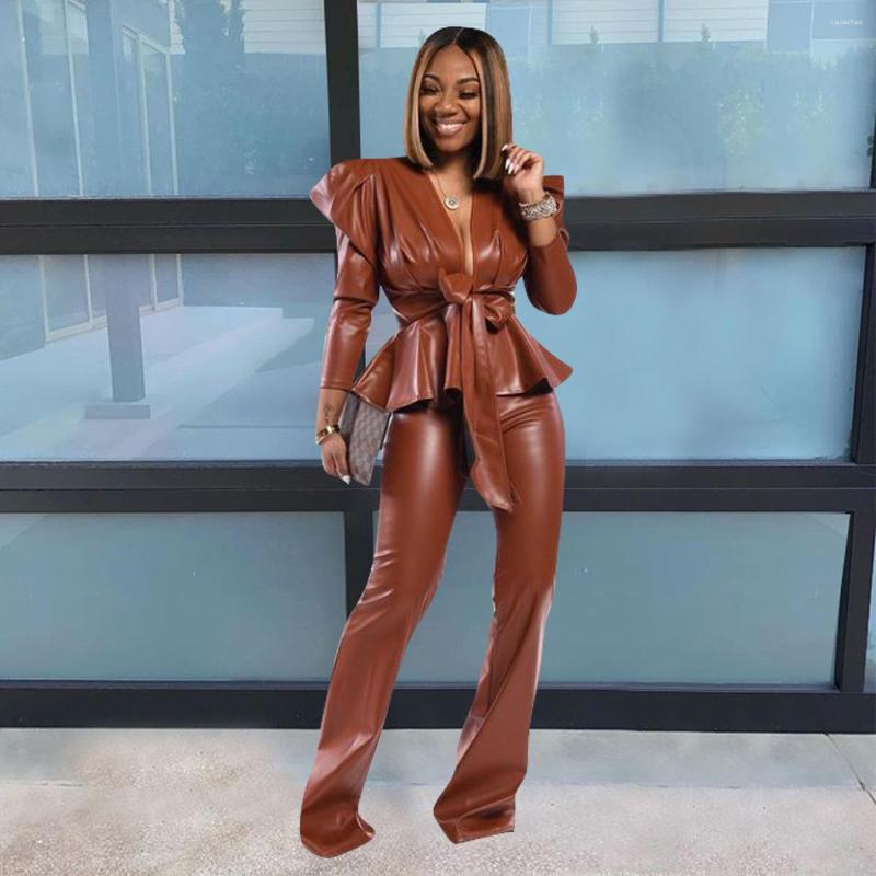 Women's Two Piece Pants Echoine Autumn PU Leather Shirt Top With Belt Puff Sleeve Blouse Wide Leg Set Street Elegant OL Office Suit, Black
Women's Two Piece Pants Echoine Autumn PU Leather Shirt Top With Belt Puff Sleeve Blouse Wide Leg Set Street Elegant OL Office Suit, Black
