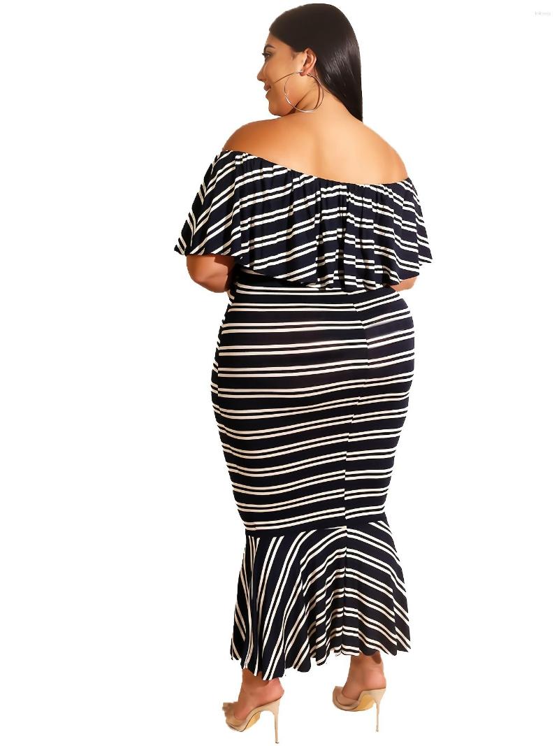 Plus Size Dresses Ruffle Trim Off Shoulder Striped Print Mermaid Hem Slim Fit Bodycon Maxi Dress, Black
Plus Size Dresses Ruffle Trim Off Shoulder Striped Print Mermaid Hem Slim Fit Bodycon Maxi Dress, Black