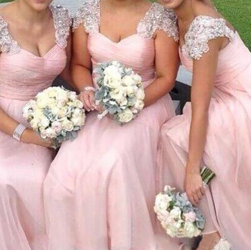 2023 Modest Design Elegant Pink A Line Wedding Bridesmaid Dresses Cap Sleeves Lace Appliques Beaded Chiffon Floor Length Junior Bridesmaid Dresse