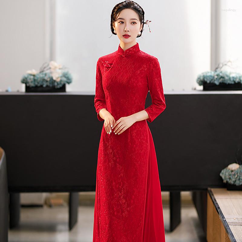 Ethnic Clothing Sexy Women Lace Cheongsam Red Classic Slim Toast Clothes Traditional Mandarin Collar Qipao Vestidos Vintage Ao Dai Qi Pao
Ethnic Clothing Sexy Women Lace Cheongsam Red Classic Slim Toast Clothes Traditional Mandarin Collar Qipao Vestidos Vintage Ao Dai Qi Pao