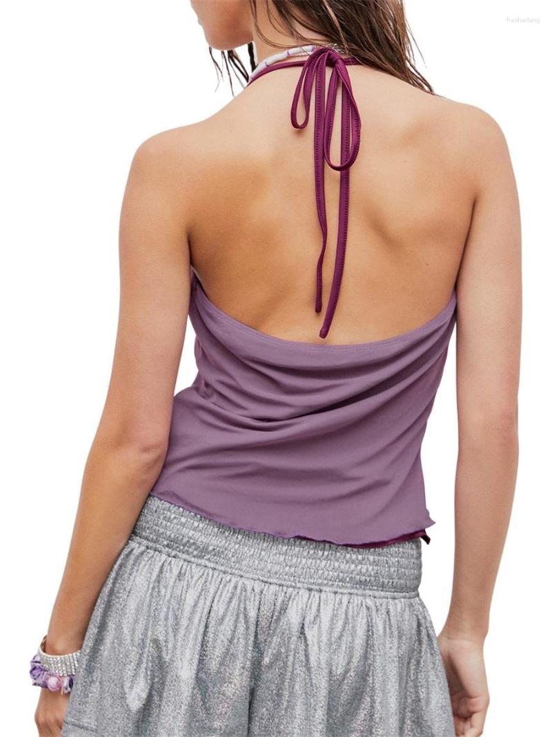 

Women' Tanks Women  Stylish Plunging Neck Tie Front Halter Top With Split Crop Design - Perfect For Summer Streetwear And Camisole Fashion, Purple