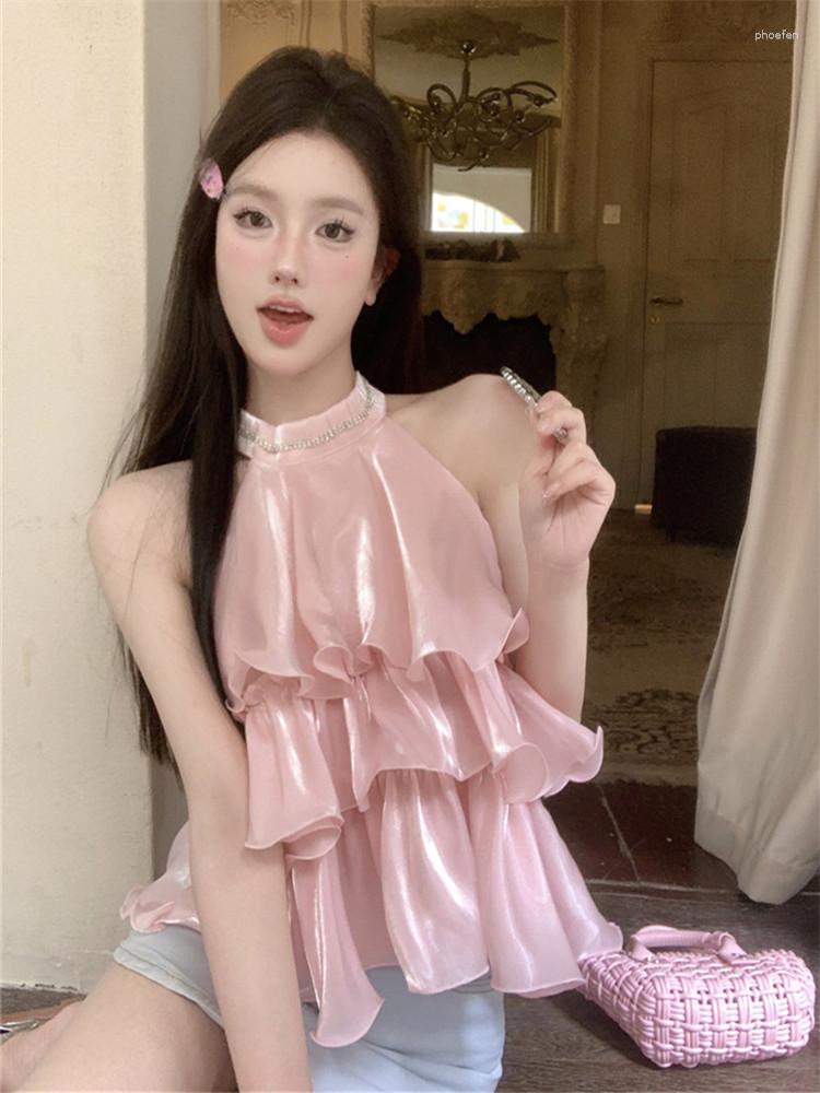 Women's Tanks Summer Fashion Ruffles Sexy Crop Top Pink Apricot Rhinestone Halter Camis Blouse Off Shoulder Sleeveless Loose Satin Shirt
Women's Tanks Summer Fashion Ruffles Sexy Crop Top Pink Apricot Rhinestone Halter Camis Blouse Off Shoulder Sleeveless Loose Satin Shirt