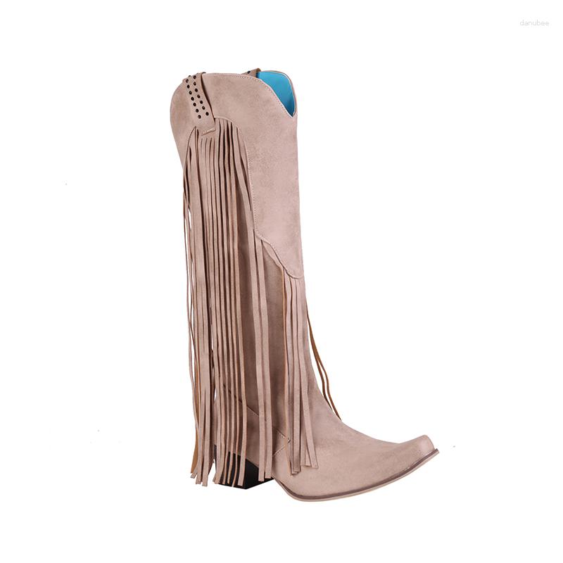 Boots Chunky Heel Ethnic Style Fringed Western Plus Size Slip-On Women's Mid-Calf Nubuck Flock Cowboy Pointed Toe, Beige
Boots Chunky Heel Ethnic Style Fringed Western Plus Size Slip-On Women's Mid-Calf Nubuck Flock Cowboy Pointed Toe, Beige