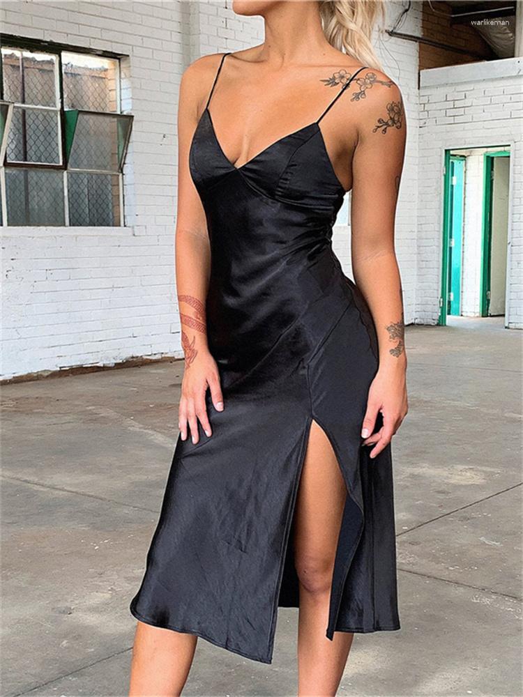 Casual Dresses Thorn Tree Chic Spaghetti Strap Satin Dress Party Club Summer Women Sleeveless V-neck Low Cut High Split Midi Vestidos, Black
Casual Dresses Thorn Tree Chic Spaghetti Strap Satin Dress Party Club Summer Women Sleeveless V-neck Low Cut High Split Midi Vestidos, Black