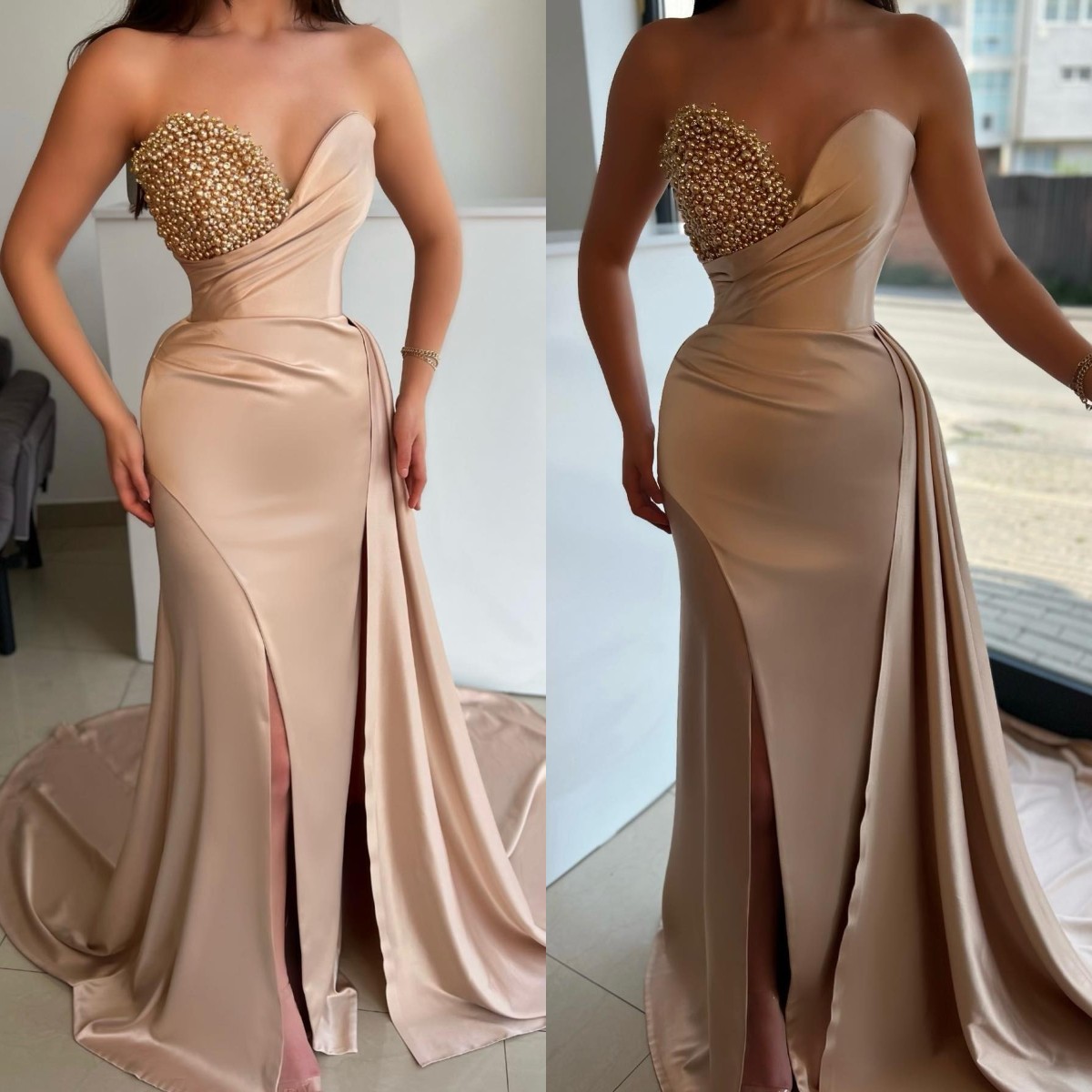 Elegant Champagne Evening Gown Pearls Sweetheart Split Party Prom Dresses Sweep Train Formal Long Dress for red carpet special occasion, Same as picture
Elegant Champagne Evening Gown Pearls Sweetheart Split Party Prom Dresses Sweep Train Formal Long Dress for red carpet special occasion, Same as picture