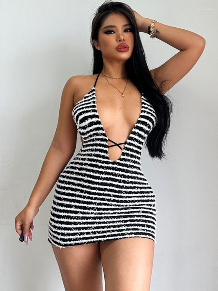 Casual Dresses Black White Stripe Mini Dress Deep V Backless Sexy Bandage Short Summer Bodycon Halter For Women 2023
Casual Dresses Black White Stripe Mini Dress Deep V Backless Sexy Bandage Short Summer Bodycon Halter For Women 2023