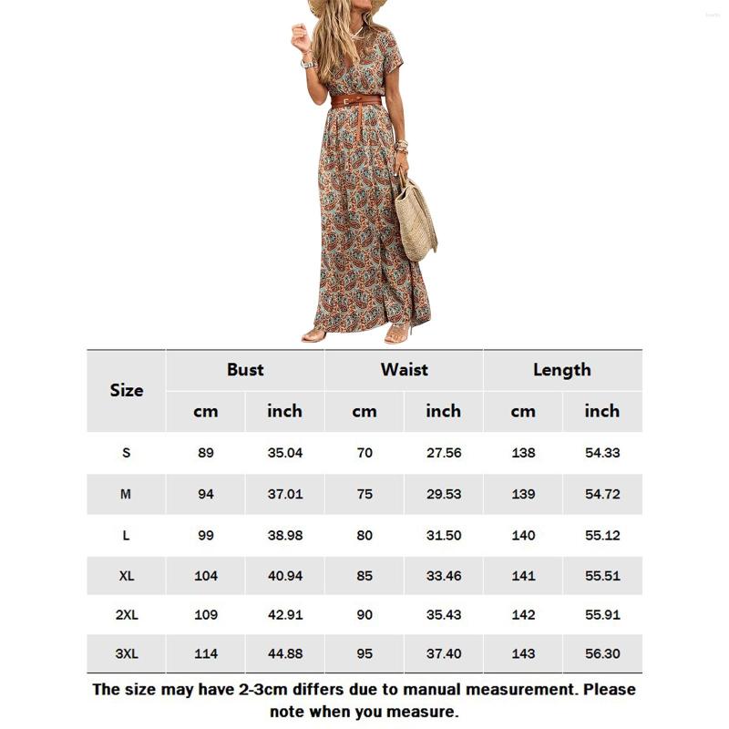 Casual Dresses Women Maxi Dress Printing Bohemian Summer Ladies Fashion V Neck Short Sleeve Split Belt Vacation Loose Beach