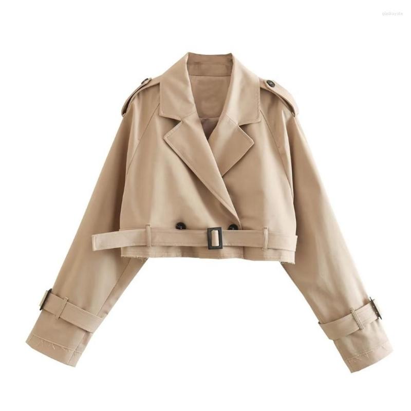 

Women' Jackets Women' Khaki Cropped Trench Fashion Versatile Lapel Collar Jacket Female Long Sleeve Short Coat Spring Streetwear
