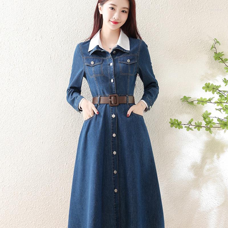 Casual Dresses #2710 Spring Autumn High Waist With Belt A-line Denim Dress Women Long Sleeve Single Breasted Shirt Ladies Pockets, Deep blue
Casual Dresses #2710 Spring Autumn High Waist With Belt A-line Denim Dress Women Long Sleeve Single Breasted Shirt Ladies Pockets, Deep blue