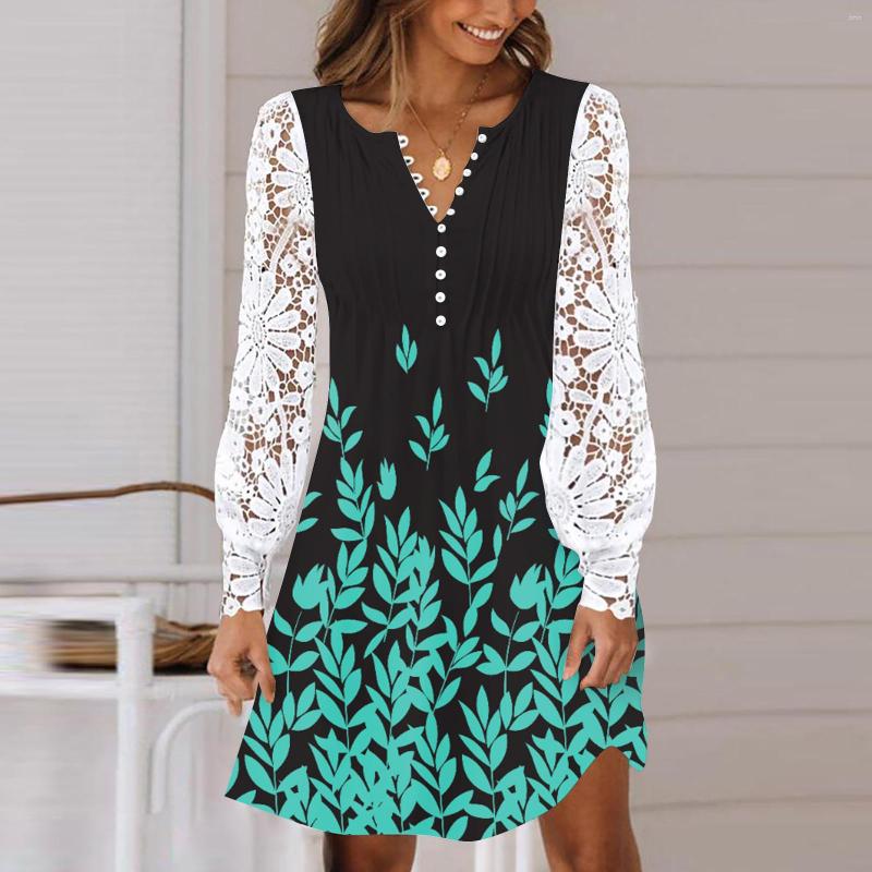 Casual Dresses Women Gradient Printing Crew Neck Button Pleated Lace Hollow Stitching Long Sleeve Mini Dress Juniors