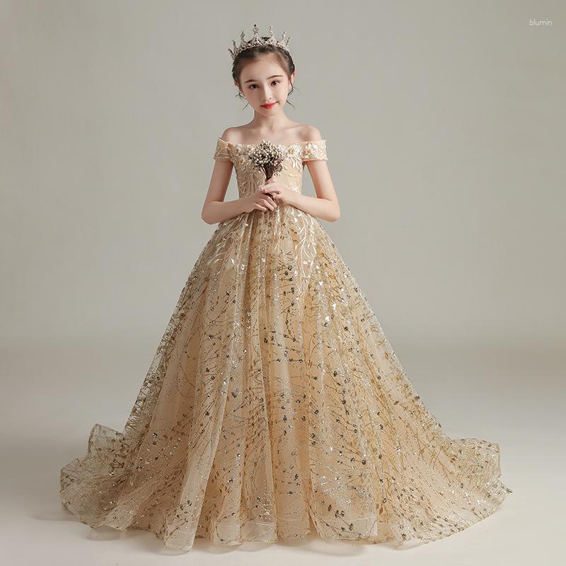 Girl Dresses Flower Girls Wedding Bridesmaid Dress Teen Gold Halloween Party Tail Children Elegant Off Shoulder Embroidery Gown, Champagne gold
Girl Dresses Flower Girls Wedding Bridesmaid Dress Teen Gold Halloween Party Tail Children Elegant Off Shoulder Embroidery Gown, Champagne gold