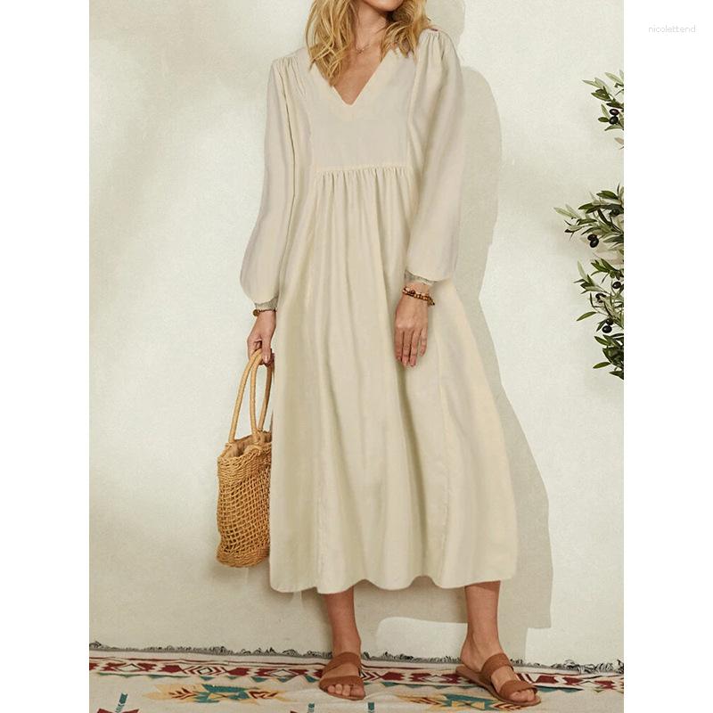 Casual Dresses Solid Cotton And Linen Maxi Women V-neck Long Lantern Sleeve Party Dress Elegant Ladies Oversized Clothes, White 
Casual Dresses Solid Cotton And Linen Maxi Women V-neck Long Lantern Sleeve Party Dress Elegant Ladies Oversized Clothes, White