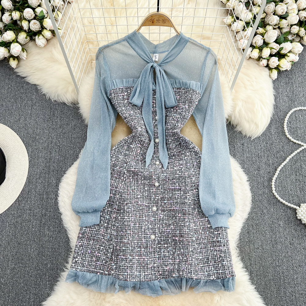Lanjia- Casual Dresses Elegant Lady Small Fragrance Temperament Ribbon Bow Collar Soft Ruffle Patchwork Tweed Plaid Woolen Buttons Autumn Mini Dress 2