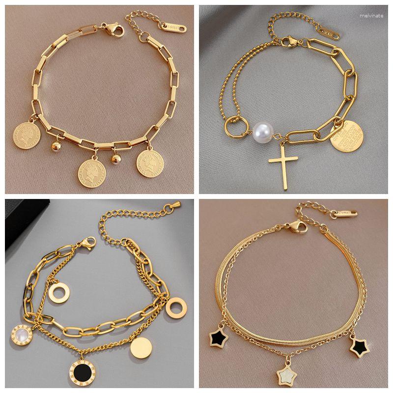 Link Bracelets 5PCS Stainless Steel Layered Golden Pendant Bracelet For Women Retro Punk Gothic Portrait Coin Cross Pearl Jewelry
Link Bracelets 5PCS Stainless Steel Layered Golden Pendant Bracelet For Women Retro Punk Gothic Portrait Coin Cross Pearl Jewelry