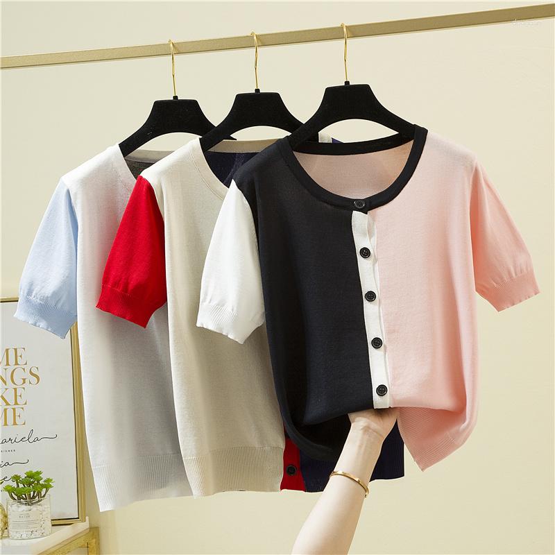 Women's T Shirts 2023 Summer Button Shirt Knitted Women Short Sleeve Tees Patchwork Cardigan Tshirts Female O Neck Tops Korean Fashion, Blue 
Women's T Shirts 2023 Summer Button Shirt Knitted Women Short Sleeve Tees Patchwork Cardigan Tshirts Female O Neck Tops Korean Fashion, Blue