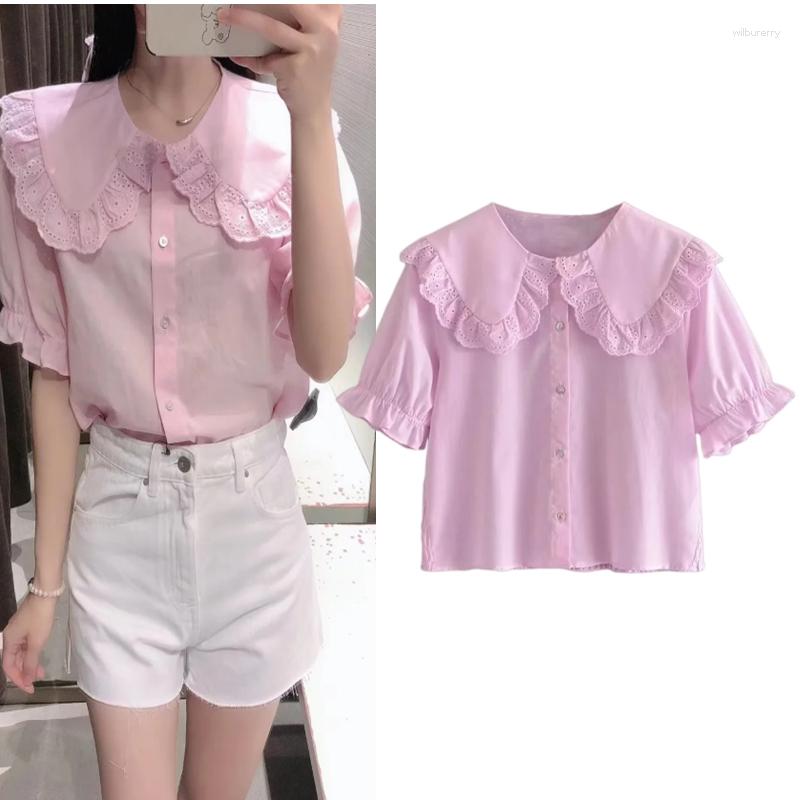 Women's Blouses Summer Sweet Doll Collar Ruffles Embroidery Hollow Shirt Back Pleated Pink Short-sleeved Top Women's
Women's Blouses Summer Sweet Doll Collar Ruffles Embroidery Hollow Shirt Back Pleated Pink Short-sleeved Top Women's