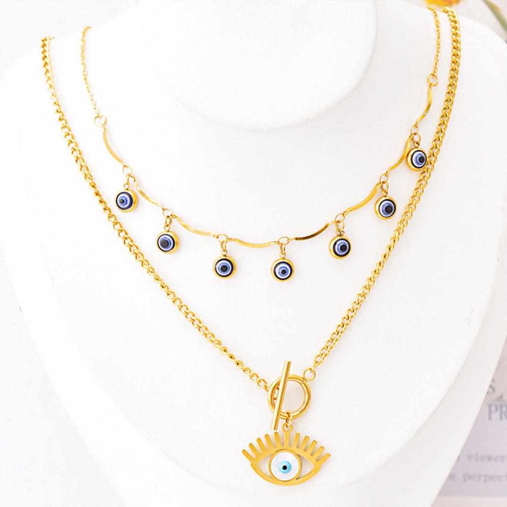 Women Necklace Earrings Set Titanium Steel Blue Circular Eye Double Layer Collarbone Chain Fashion Jewelry Gift, Golden
Women Necklace Earrings Set Titanium Steel Blue Circular Eye Double Layer Collarbone Chain Fashion Jewelry Gift, Golden