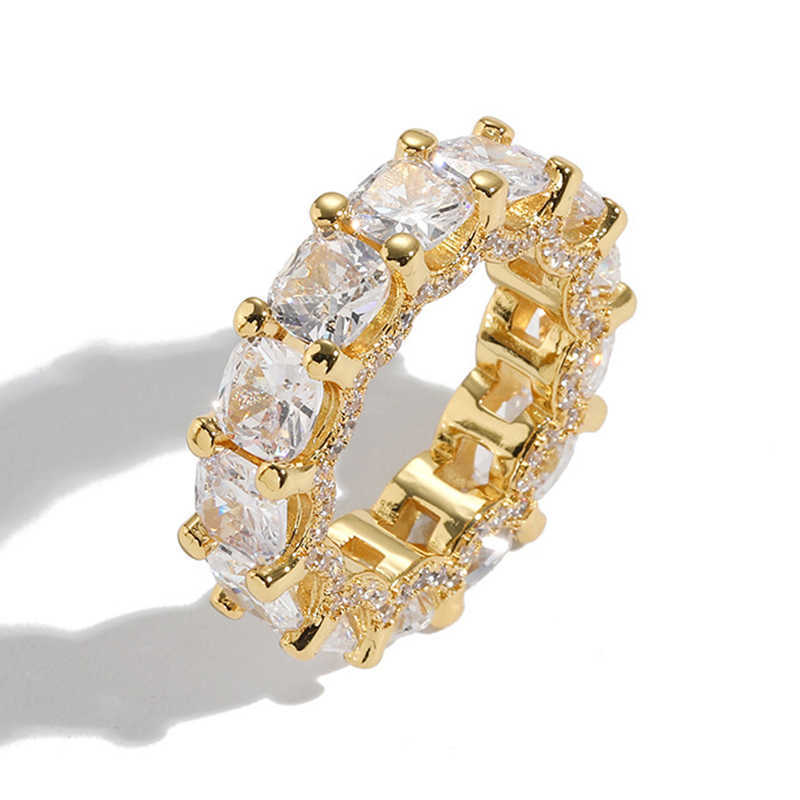 7mm Width Square Cubic Zirconia Ring Hip Hop Copper Prong Cz Stones Tennis Hip Hop Single Row Rings 18k Yellow Gold Iced Out Crystal Rapper Jewelry Ac