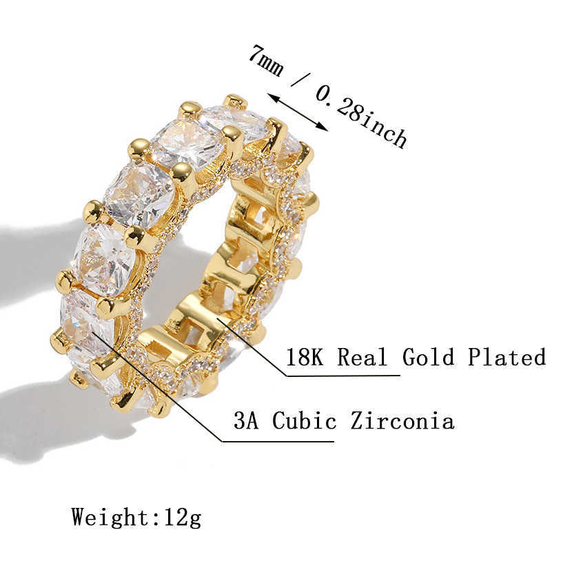 7mm Width Square Cubic Zirconia Ring Hip Hop Copper Prong Cz Stones Tennis Hip Hop Single Row Rings 18k Yellow Gold Iced Out Crystal Rapper Jewelry Ac