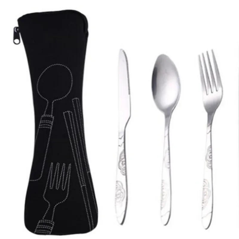 Knife Fork Spoon Set Cutlery Set Tableware Dinner Lunch Set Bags Print Carving Stainless Steel Cutlery School Picnic Camping Eating Tool dh85