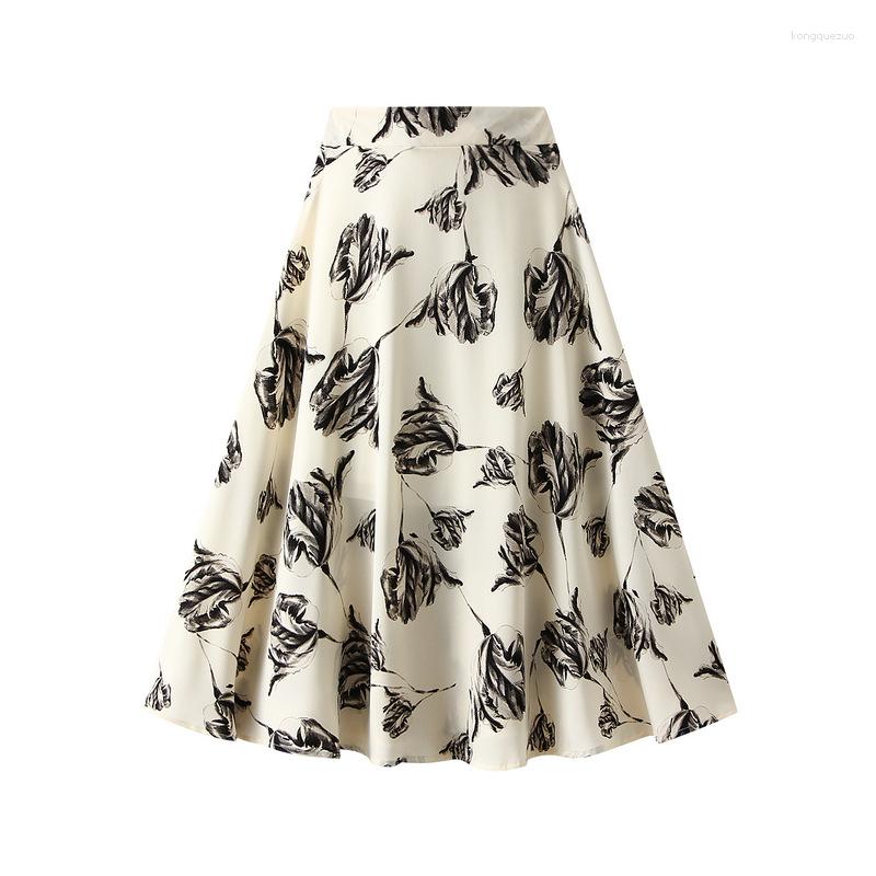 Skirts 2023 Ins Spring Summer Women Long A-line Chiffon Skirt Flower, Black
