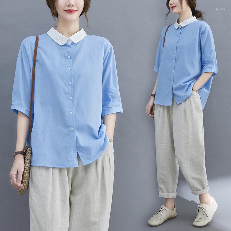 Women's Blouses Contrast Color Doll Collar Cotton Linen Short Sleeve Shirt Women's Loose Casual In Summer, Blue
Women's Blouses Contrast Color Doll Collar Cotton Linen Short Sleeve Shirt Women's Loose Casual In Summer, Blue