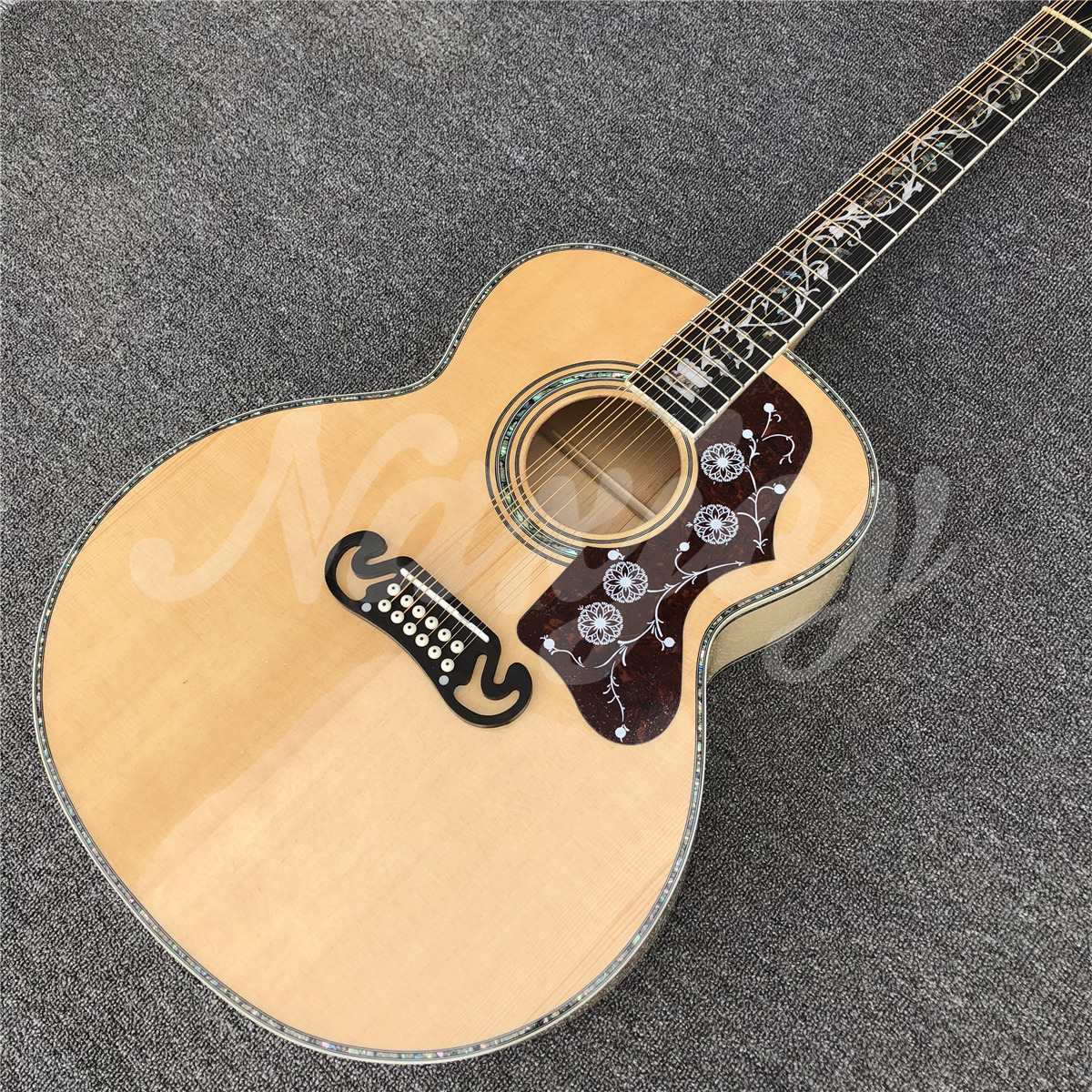 Solid spruce electric guitar, natural abalone fretboard, beige flame, giant body, 12-string, J200
Solid spruce electric guitar, natural abalone fretboard, beige flame, giant body, 12-string, J200