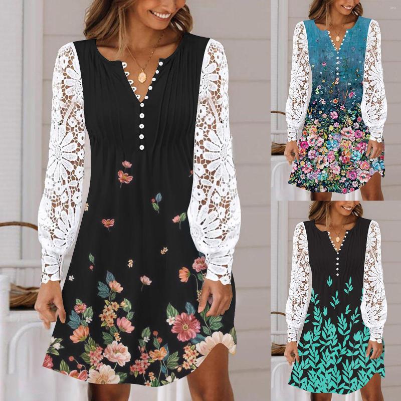 Casual Dresses Women Gradient Printing Crew Neck Button Pleated Lace Hollow Stitching Long Sleeve Mini Dress Juniors