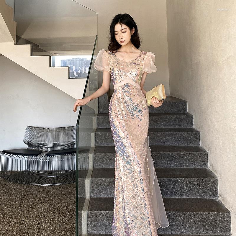 Ethnic Clothing Sexy Women Formal Party Gown Square Collar Chiffon Puff Sleeve Sequins Applique Evening Dresses Vestidos