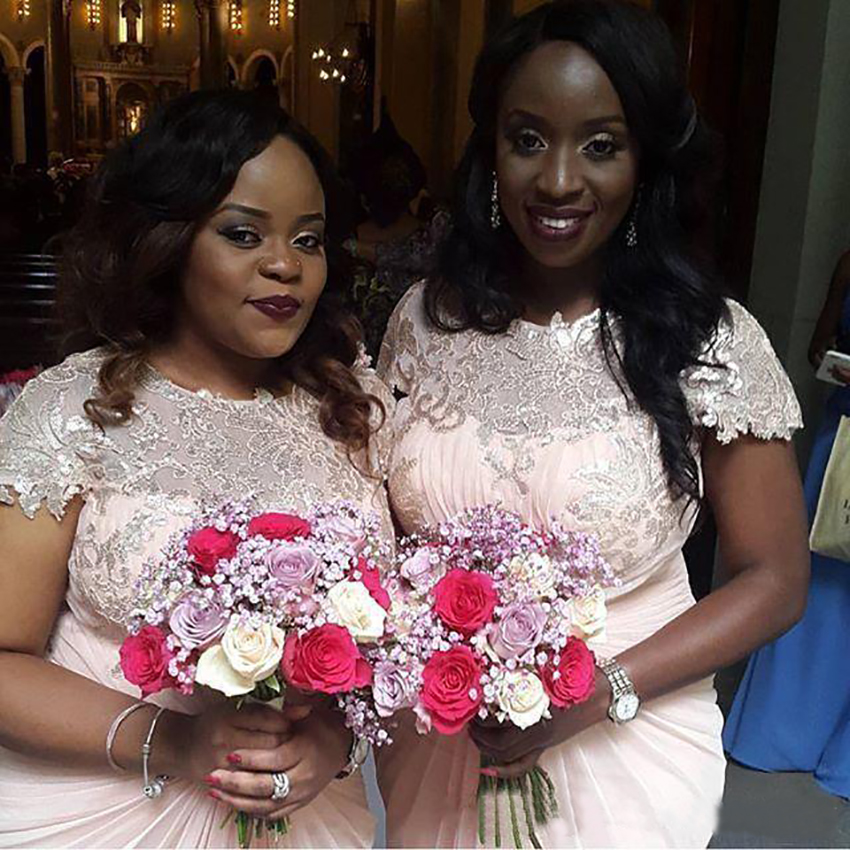 Blush Pink Lace Chiffon Long Bridesmaid Dresses With Sleeve 2023 Jewel Neck Plus Size African Junior Wedding Guest Party Bridesmaid Gown Dress