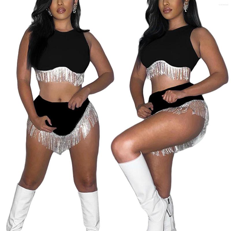 Women' Tracksuits Women Summer 2 Pieces Clothes Outfits Sequins Tassels Splicing Crew Neck Sleeveless Tank Tops And Briefs Shorts Set
Women' Tracksuits Women Summer 2 Pieces Clothes Outfits Sequins Tassels Splicing Crew Neck Sleeveless Tank Tops And Briefs Shorts Set
