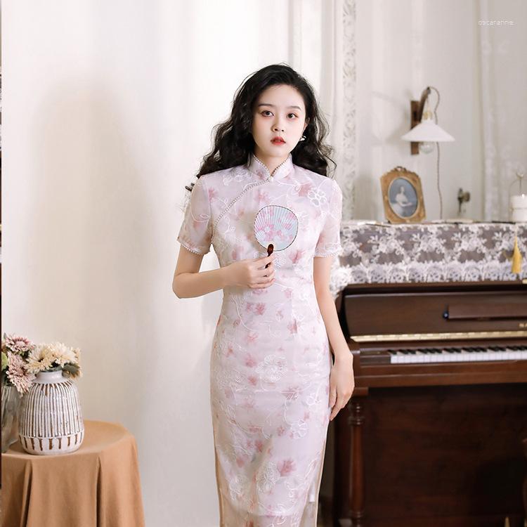 Ethnic Clothing Chiffon Chinese Style Qipao Printing Flower Mandarin Collar Short Sleeve Women Vintage Button Mid The Calf Lace Edge
Ethnic Clothing Chiffon Chinese Style Qipao Printing Flower Mandarin Collar Short Sleeve Women Vintage Button Mid The Calf Lace Edge