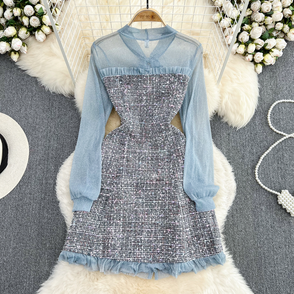 Lanjia- Casual Dresses Elegant Lady Small Fragrance Temperament Ribbon Bow Collar Soft Ruffle Patchwork Tweed Plaid Woolen Buttons Autumn Mini Dress 2