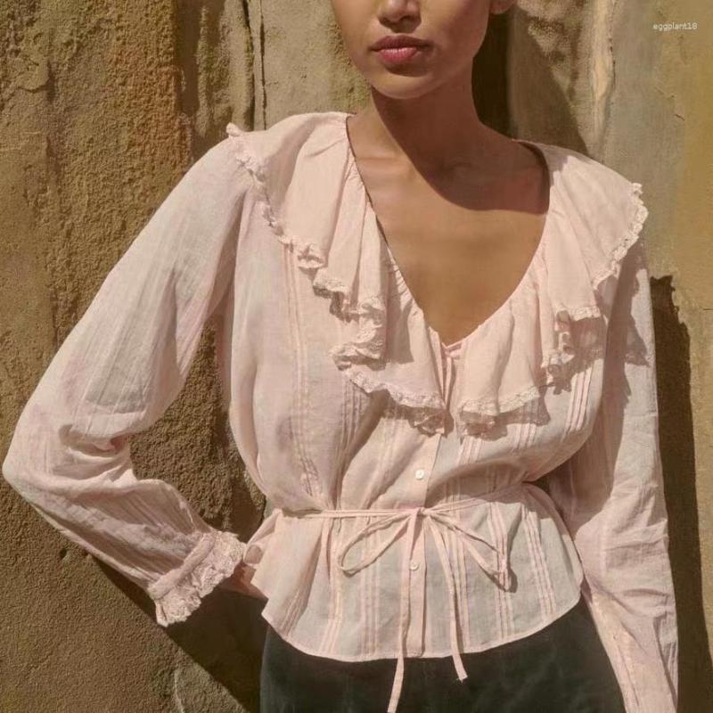 Women's Blouses Women Ruffles V Neck Lace Embroidery Stitching Single Breasted Long Sleeve Cotton Blouse Top, Pink
Women's Blouses Women Ruffles V Neck Lace Embroidery Stitching Single Breasted Long Sleeve Cotton Blouse Top, Pink
