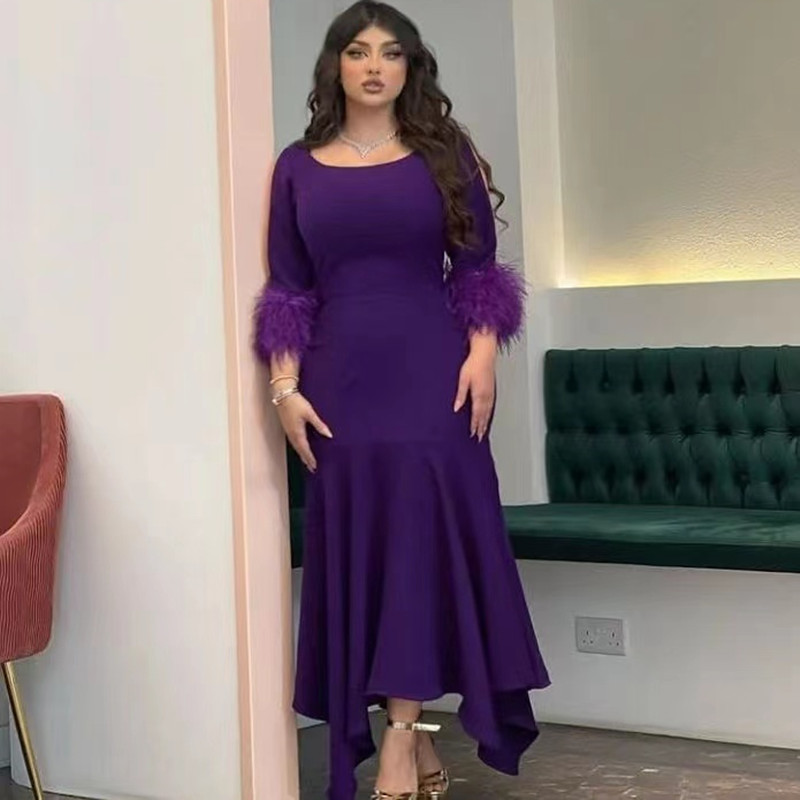 Purple Muslim Evening Dresses 2023 Plus Size Scoop Neck Feathers 3/4 Long Sleeves Prom Gowns Dubai Saudi Arabic Formal Party Dress, Coral 
Purple Muslim Evening Dresses 2023 Plus Size Scoop Neck Feathers 3/4 Long Sleeves Prom Gowns Dubai Saudi Arabic Formal Party Dress, Coral