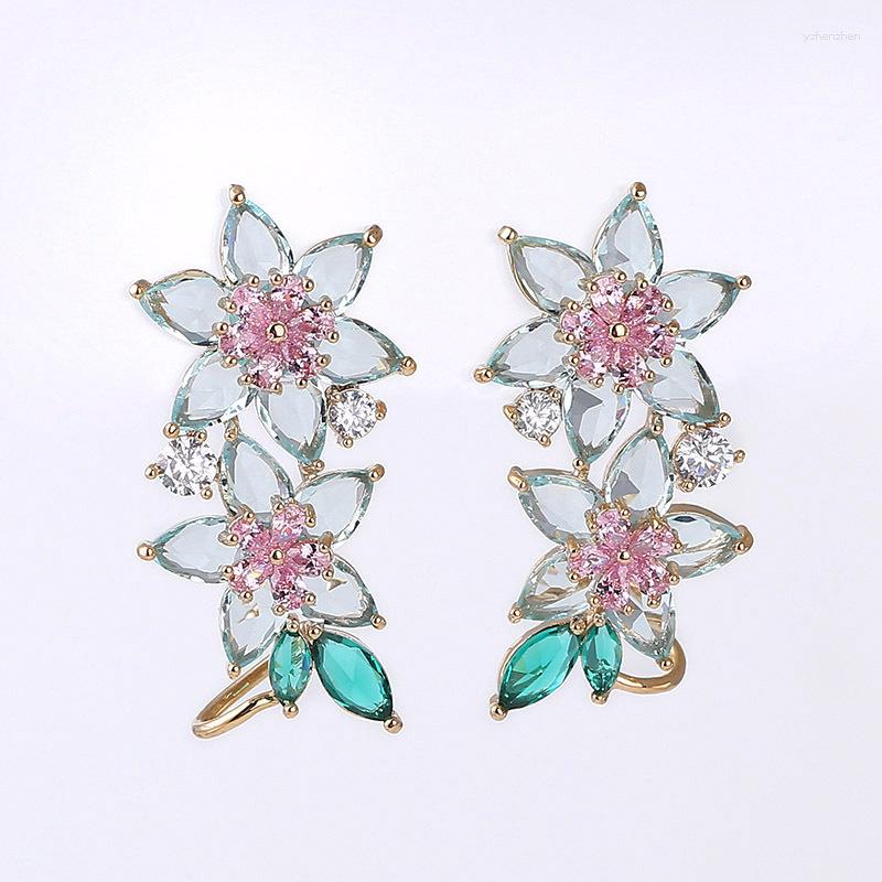 Dangle Earrings Fshion Double Pink Flower Ear Clips With Piercing For Women