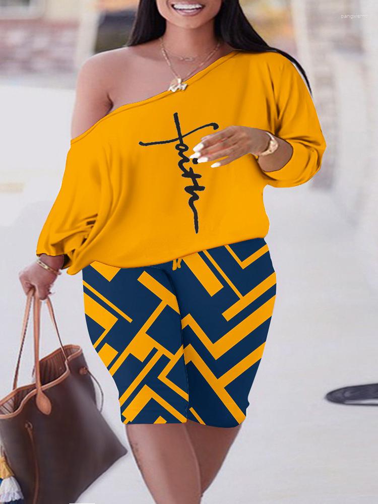 Women's Tracksuits Plus Size Slogan Print Skew Neck Top & Geometric Shorts Set, Lpu1535f
Women's Tracksuits Plus Size Slogan Print Skew Neck Top & Geometric Shorts Set, Lpu1535f